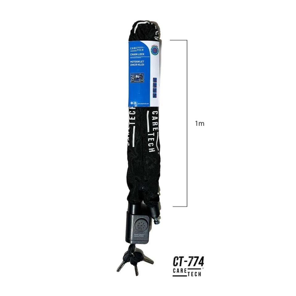 CARETECH CT-774 Zincir Kilidi Alarmlı Motosiklet/Bisiklet 10mm Çelik Kılıflı 1mt ART 4 Yıldız Sertifikası
