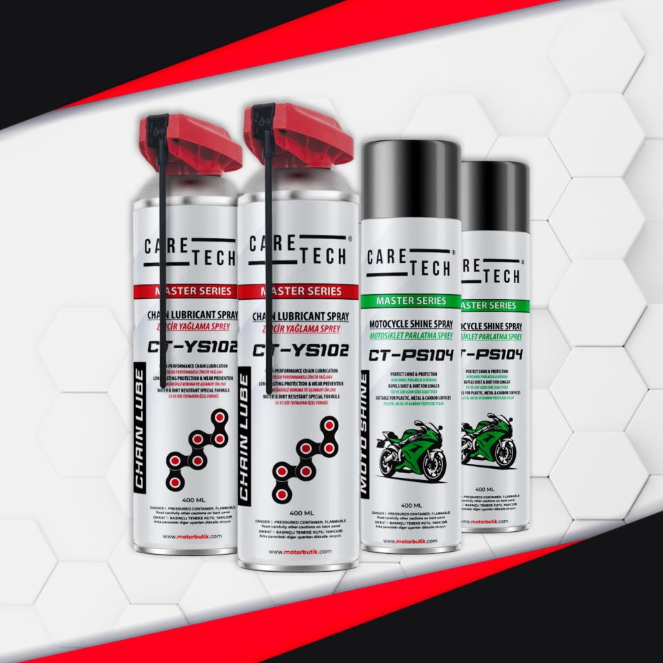 CARETECH CT-SET4-B  Motosiklet Parlatma ve Zincir Yağlama Spreyi 4'lü Bakım Seti Sprey