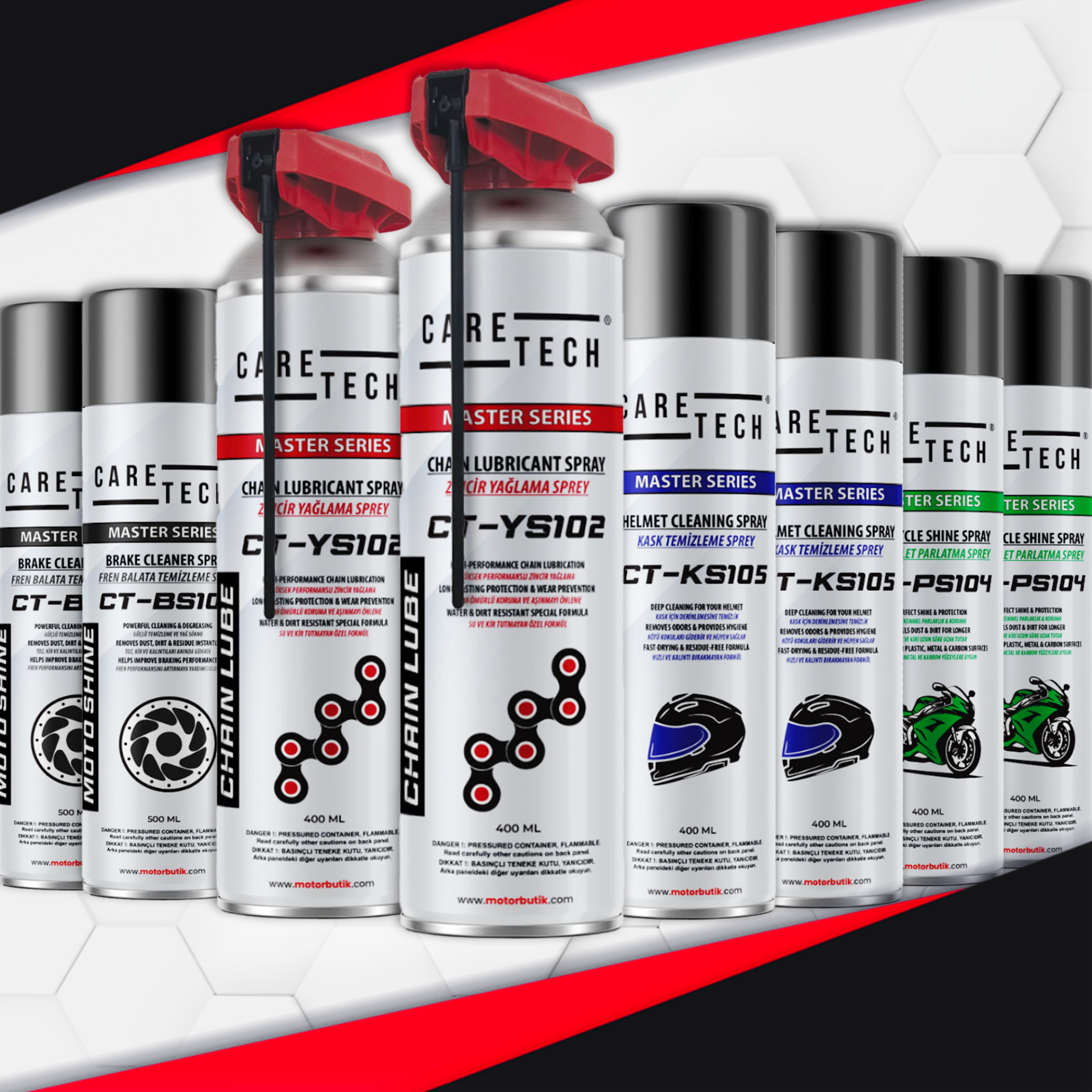 CARETECH CT-SET8 Motosiklet Parlatma Spreyi Zincir Yağlama Fren Balata Kask Temizleme 8'li Bakım Seti Sprey
