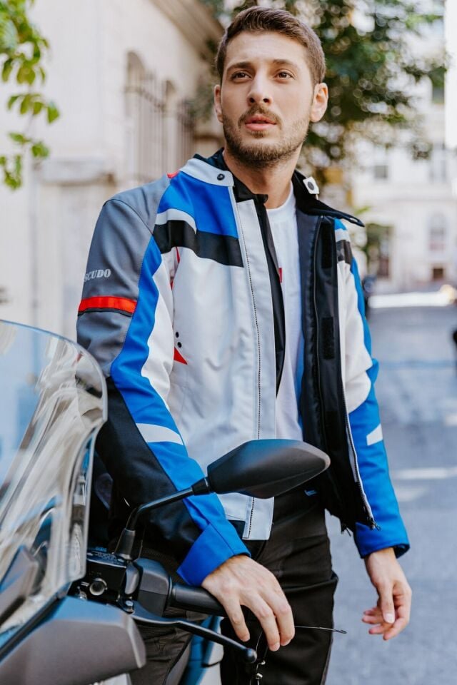Madrid 3 Mevsim Erkek Motosiklet Montu - Gri Mavi Kırmızı