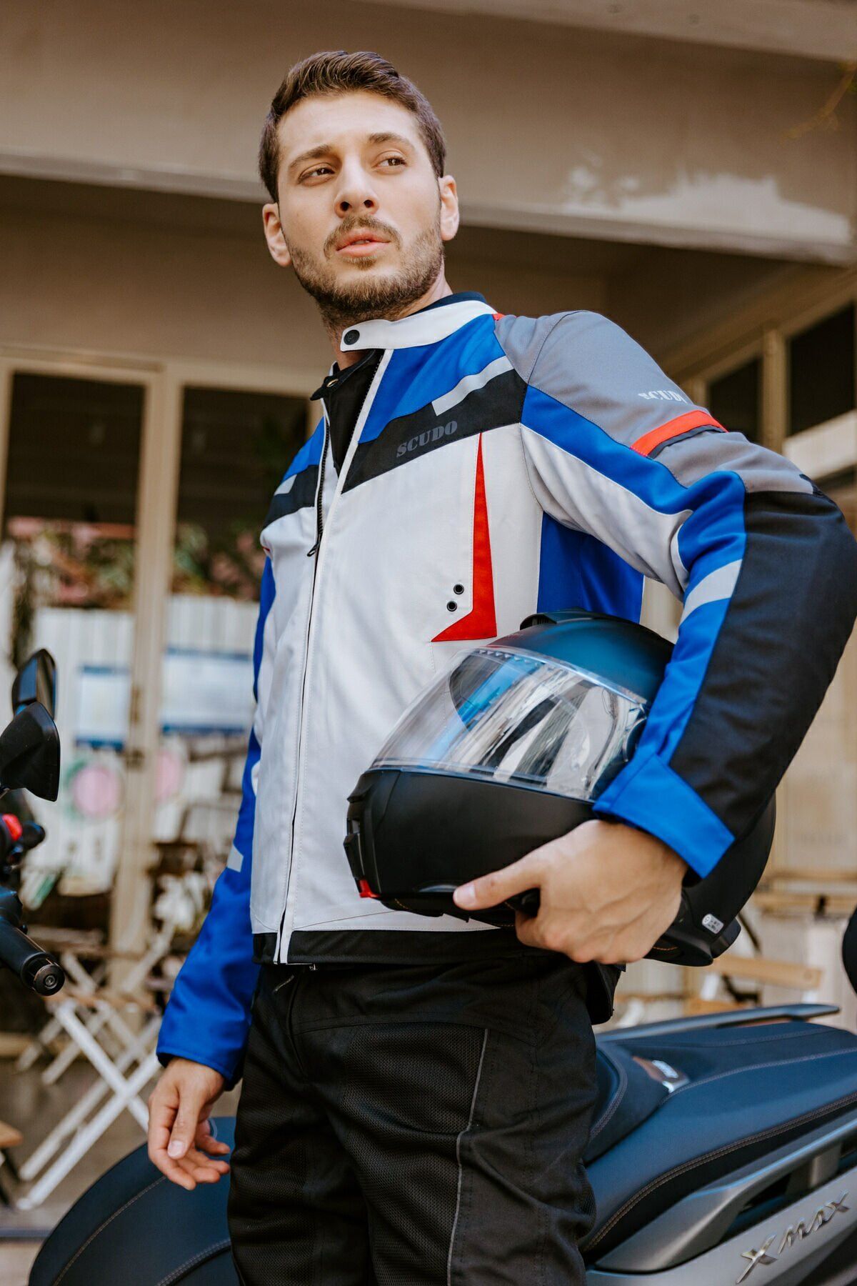 Madrid 3 Mevsim Erkek Motosiklet Montu - Gri Mavi Kırmızı