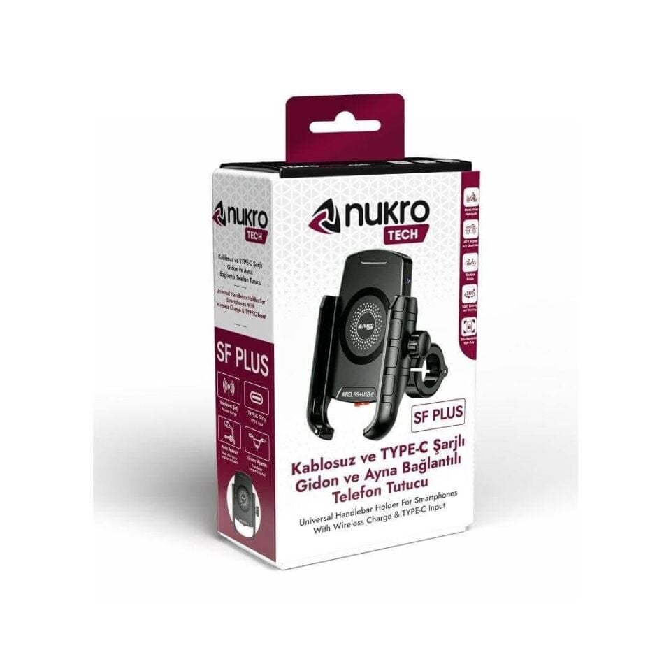 Nukrotech SF PLUS Wireless Şarjlı ve TYPE C Motosiklet Telefon Tutucu